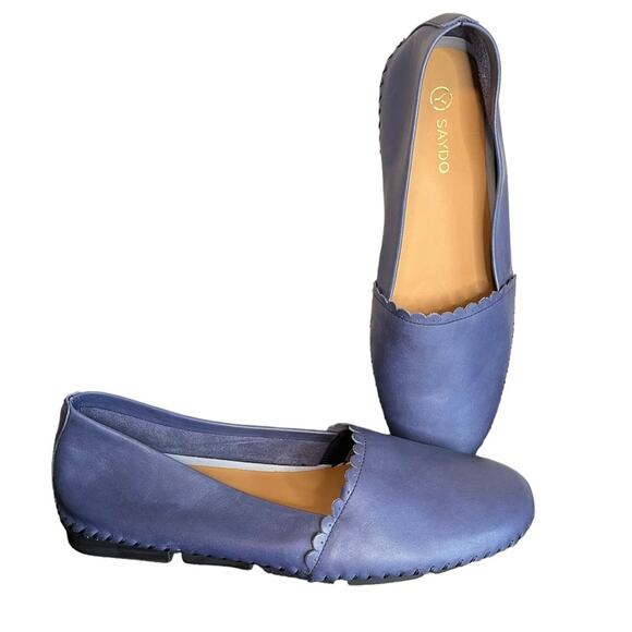 SAYDO Blue Leather Slip On Floral Stitched Flats Casual Shoes Womens Size 11 - Picture 1 of 11